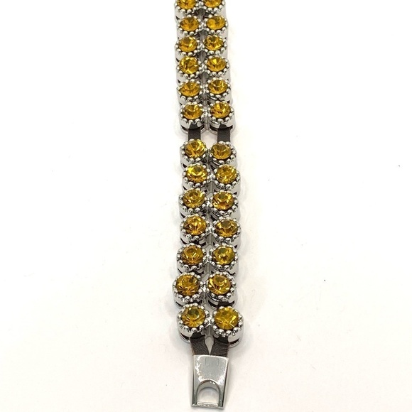 Bracelet Yellow Crystal Sliding Beads Brown Leather Silver Tone Clasp Statement - Picture 3 of 12